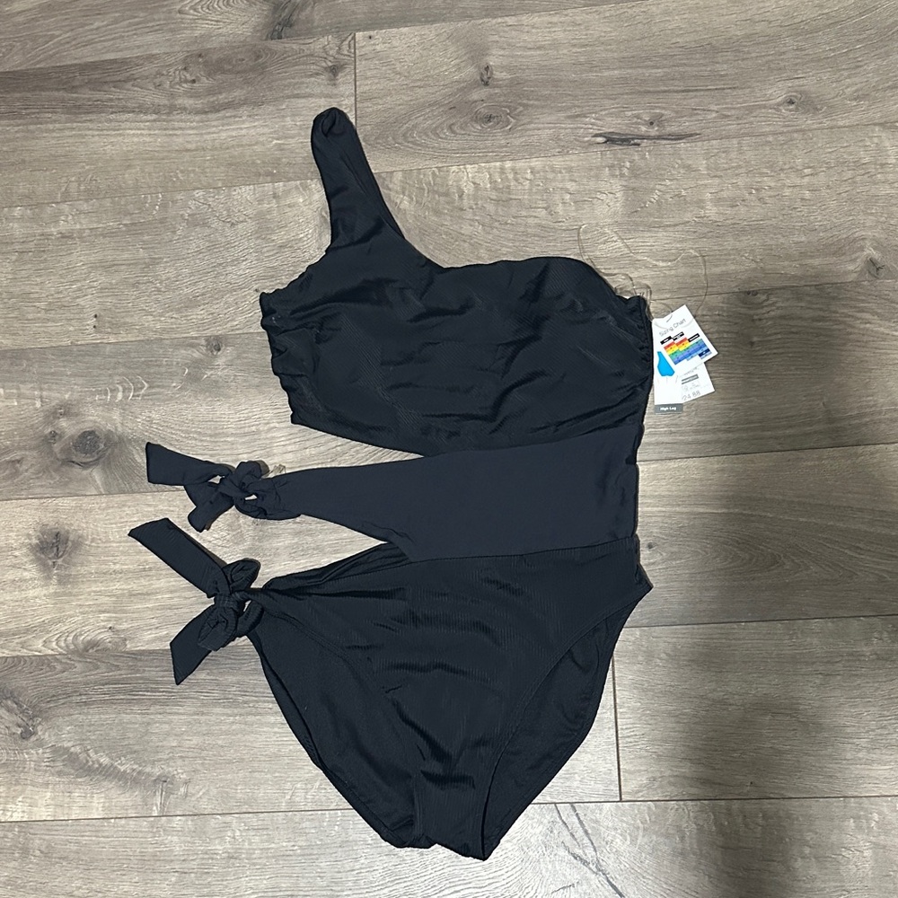Time and Tru Black One-Shoulder Swim One-Piece with Side Ties